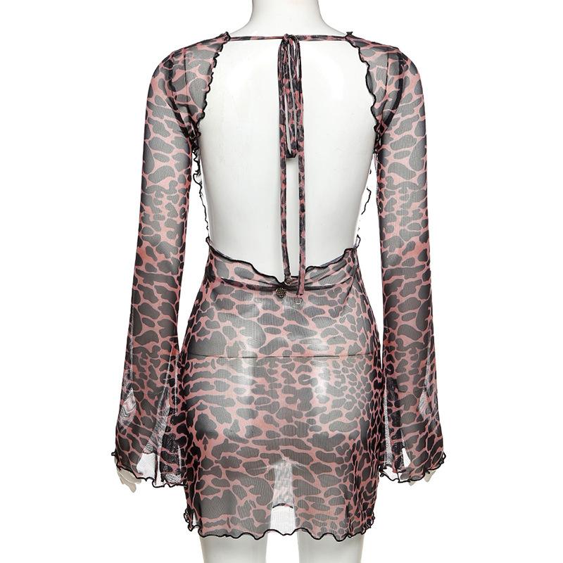 Sheer mesh leopard print contrast see through self tie backless mini dress - Image 4