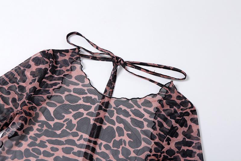 Sheer mesh leopard print contrast see through self tie backless mini dress - Image 5