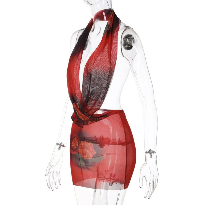 Sheer mesh see through cross front low cut halter backless mini dress - Image 6