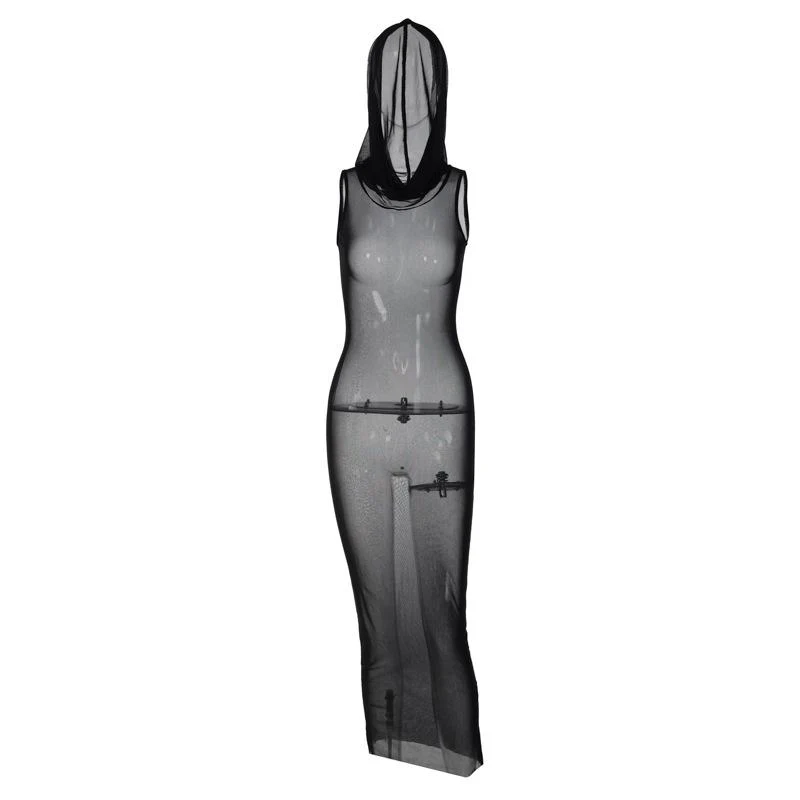 Sheer mesh see through hoodie sleeveless maxi dress goth Alternative Darkwave Fashion goth Emo Darkwave Fashion - Image 3