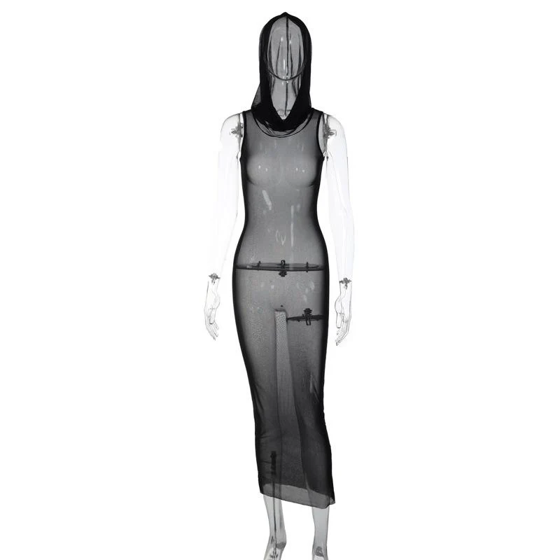 Sheer mesh see through hoodie sleeveless maxi dress goth Alternative Darkwave Fashion goth Emo Darkwave Fashion - Image 4