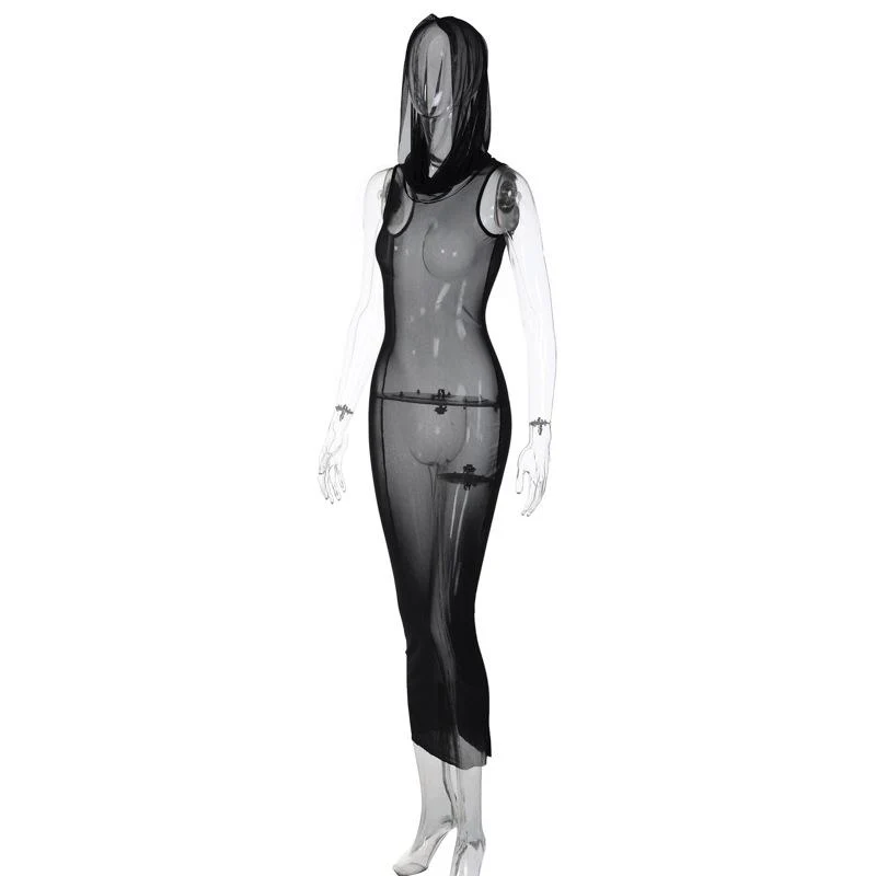 Sheer mesh see through hoodie sleeveless maxi dress goth Alternative Darkwave Fashion goth Emo Darkwave Fashion - Image 5
