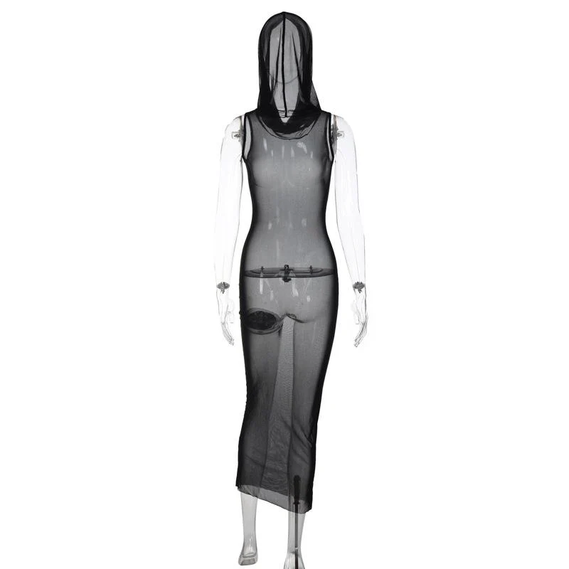 Sheer mesh see through hoodie sleeveless maxi dress goth Alternative Darkwave Fashion goth Emo Darkwave Fashion - Image 6