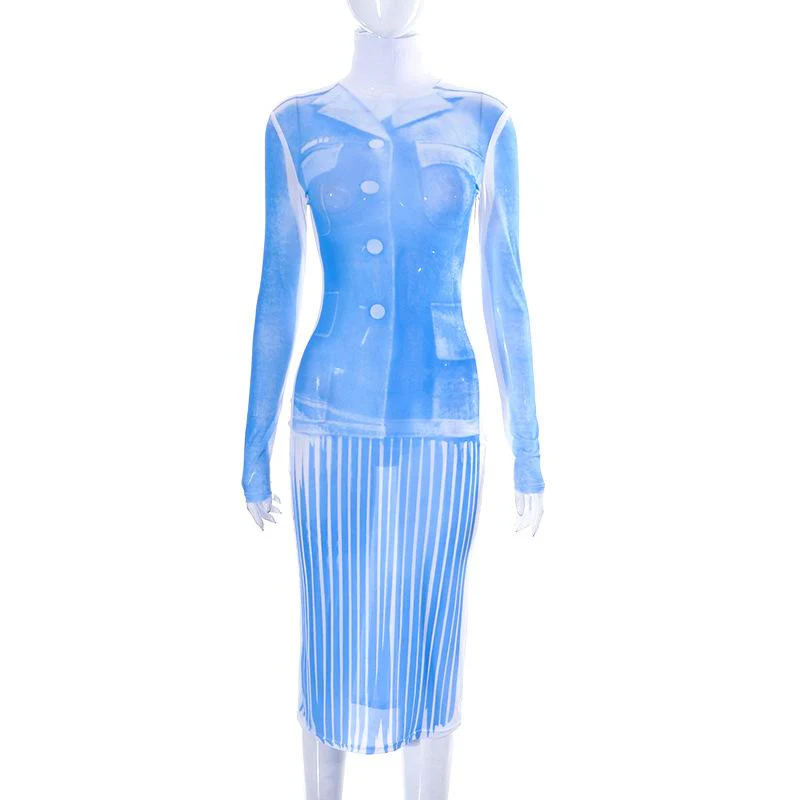 Sheer mesh see through turtle neck long sleeve contrast print midi dress y2k 90s Revival Techno Fashion - Image 2