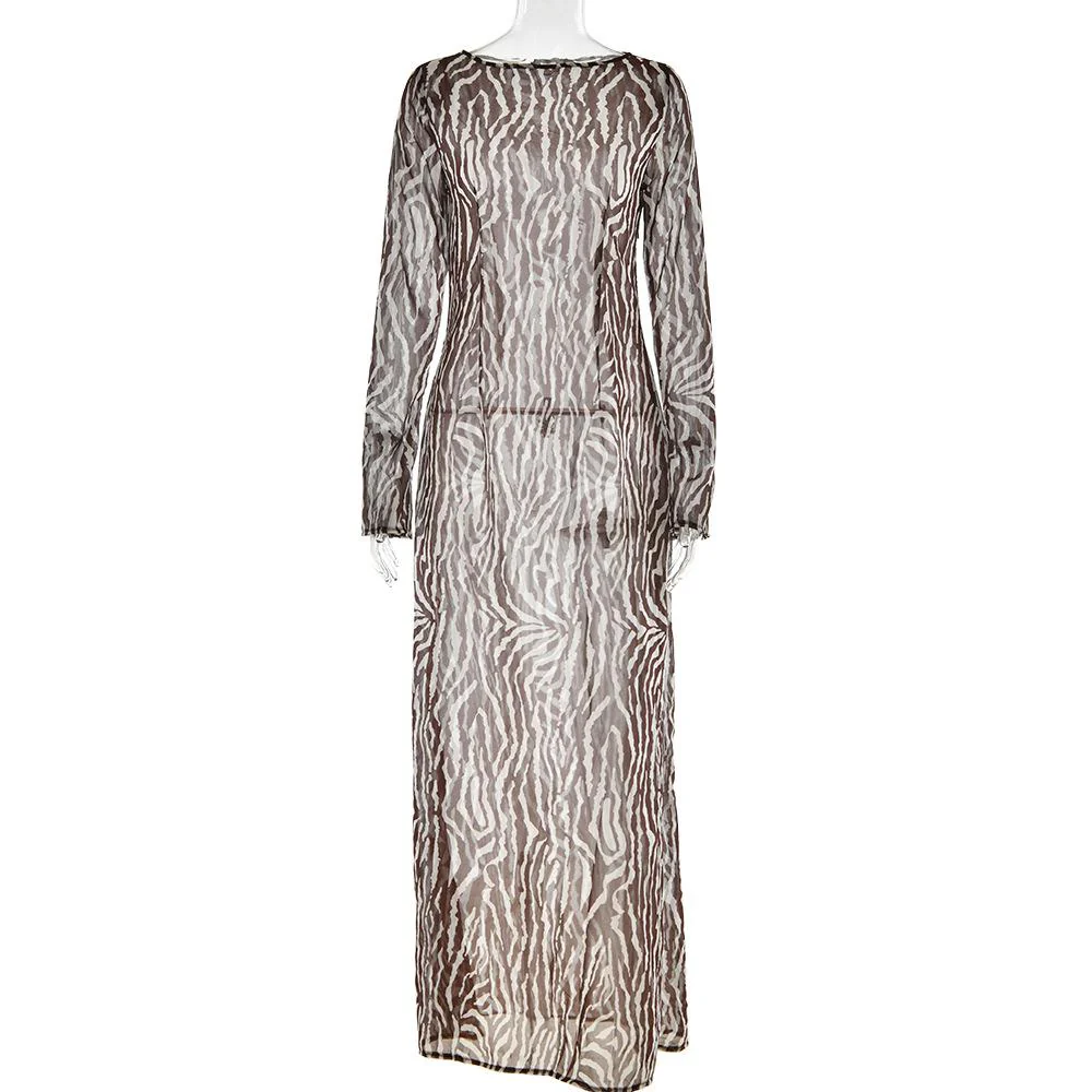 Sheer mesh see through zebra print long sleeve zip-up contrast maxi dress - Image 2
