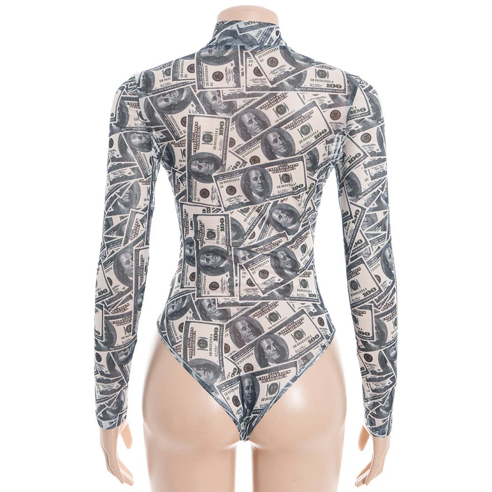 Sheer mesh US dollar print long sleeve bodysuit - Image 4
