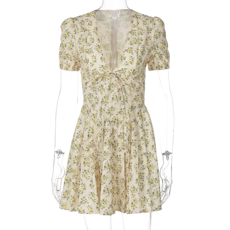 Short puff sleeve pleated zip-up flower print mini dress - Image 2