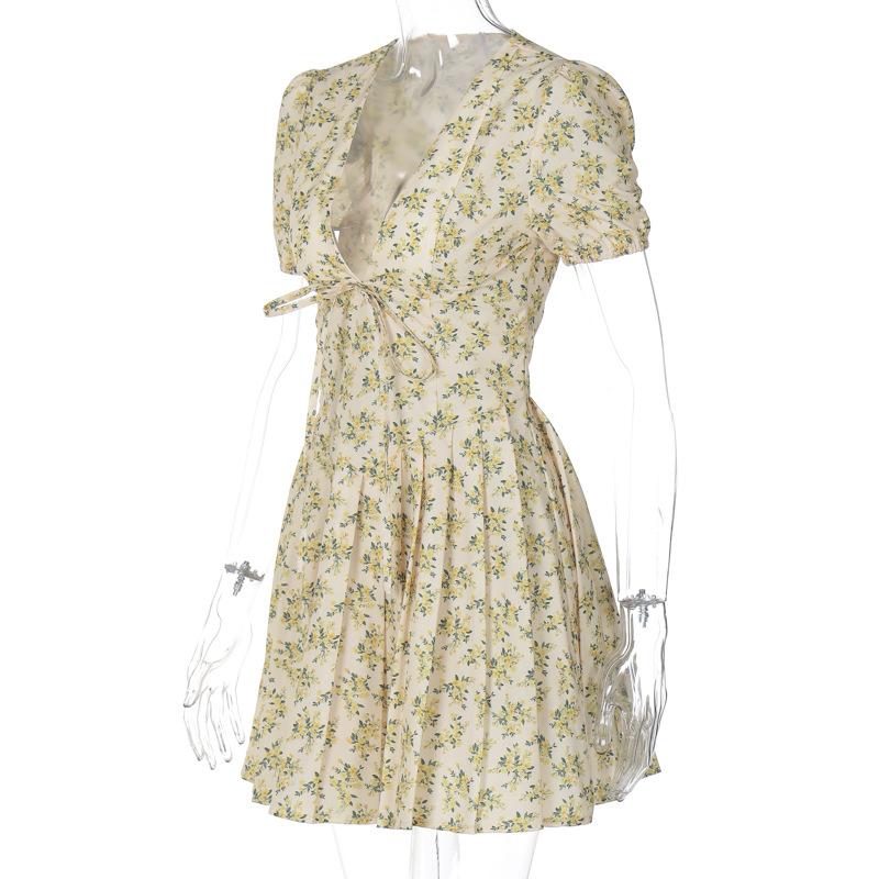 Short puff sleeve pleated zip-up flower print mini dress - Image 3
