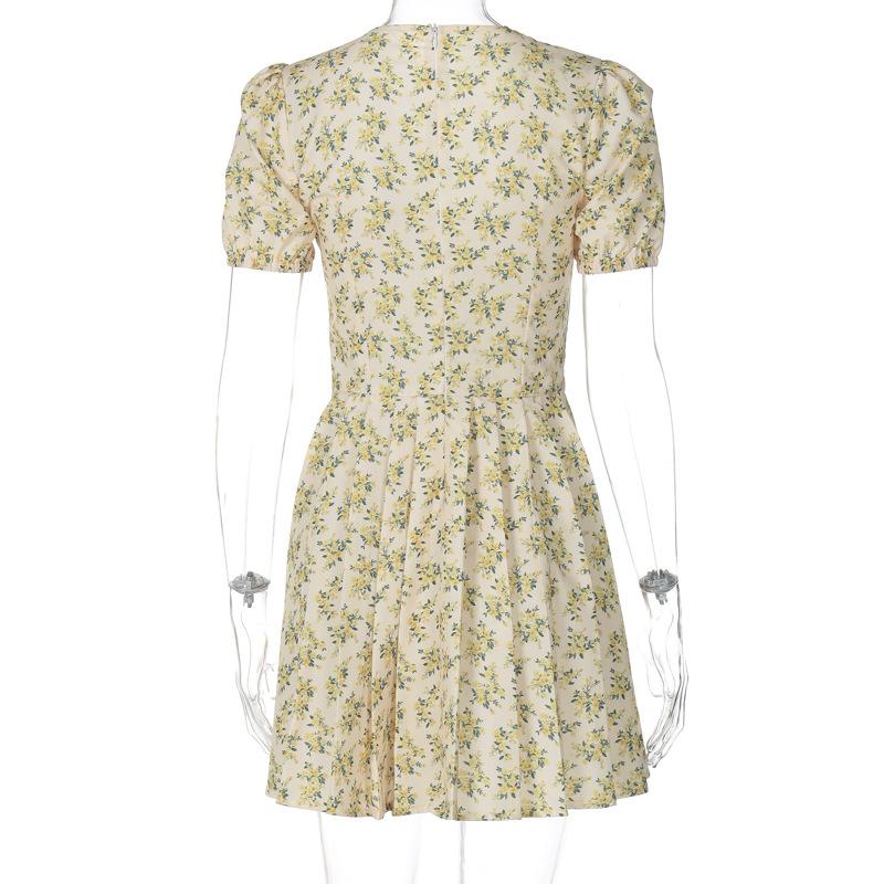 Short puff sleeve pleated zip-up flower print mini dress - Image 4