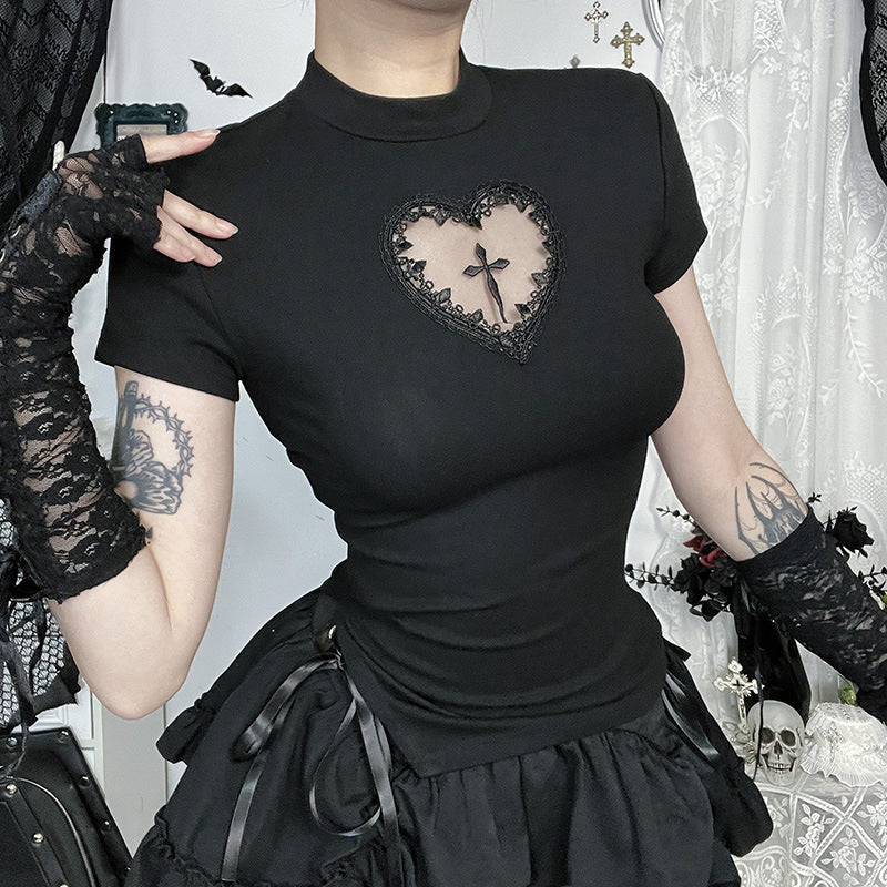 Short sleeve crewneck sweetheart pattern top - Image 4