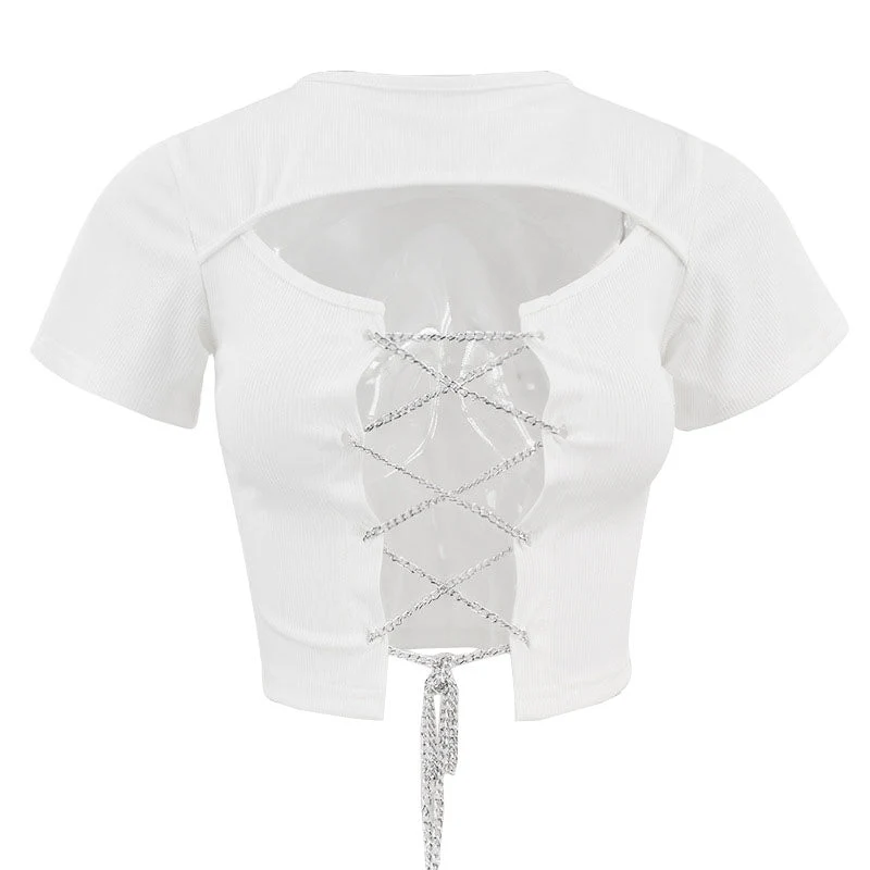 Short sleeve hollow out metal chain lace up ribbed top - Image 2