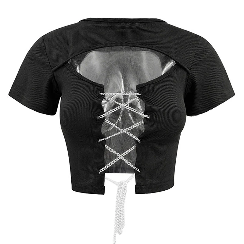Short sleeve hollow out metal chain lace up ribbed top - Image 3