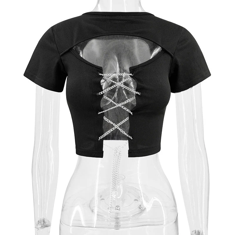 Short sleeve hollow out metal chain lace up ribbed top - Image 4