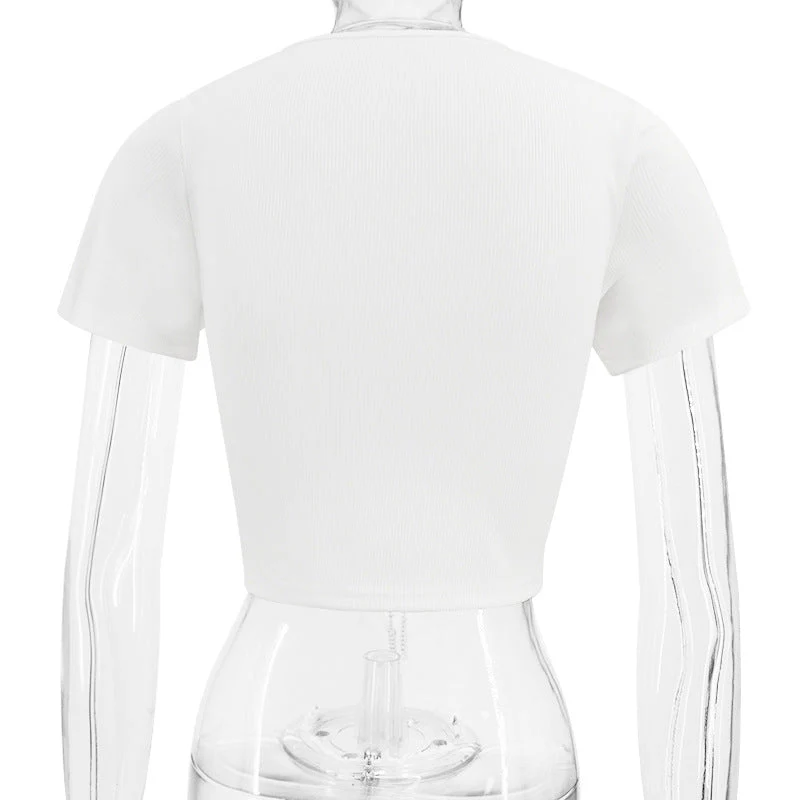 Short sleeve hollow out metal chain lace up ribbed top - Image 5