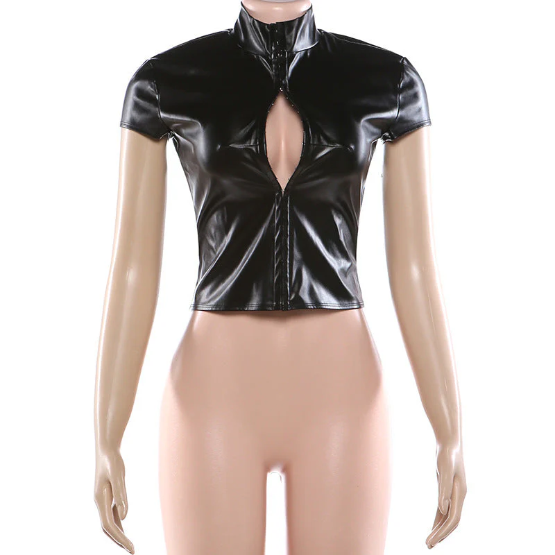 Short sleeve PU leather high neck top - Image 2