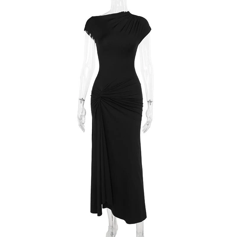 Short sleeve ruched self tie high slit maxi dress - Image 2