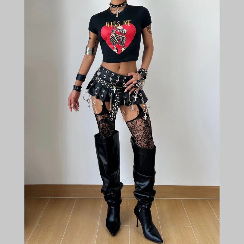 Skeleton Kiss Crop Top Baby Tee - Image 2