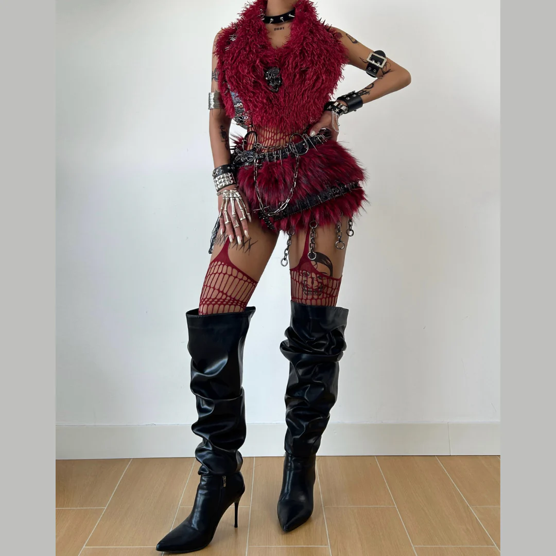 Skull applique o ring metal chain fluffy mini skirt set - Image 2