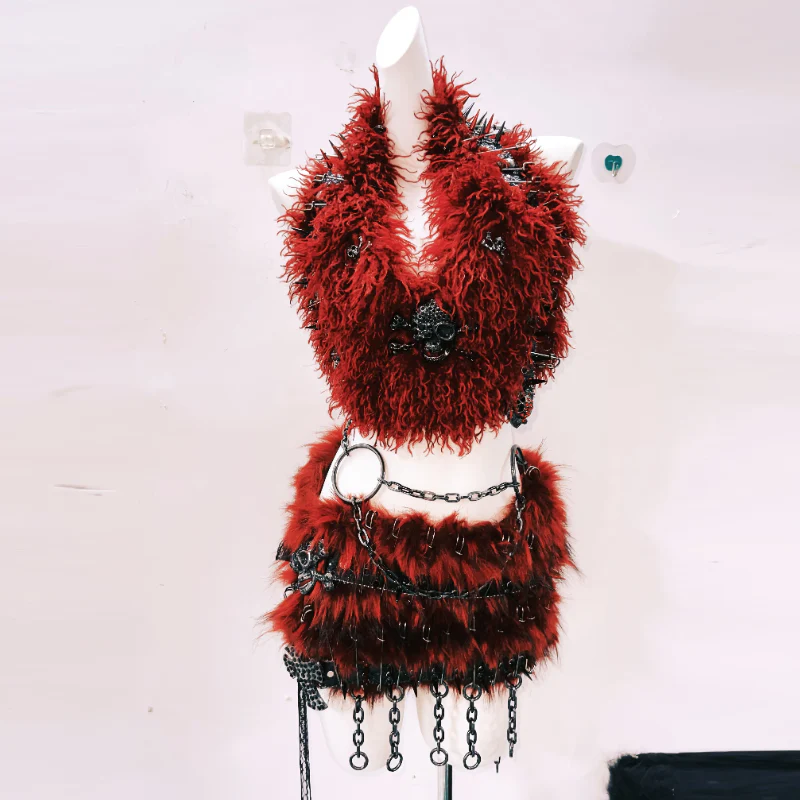 Skull applique o ring metal chain fluffy mini skirt set - Image 3