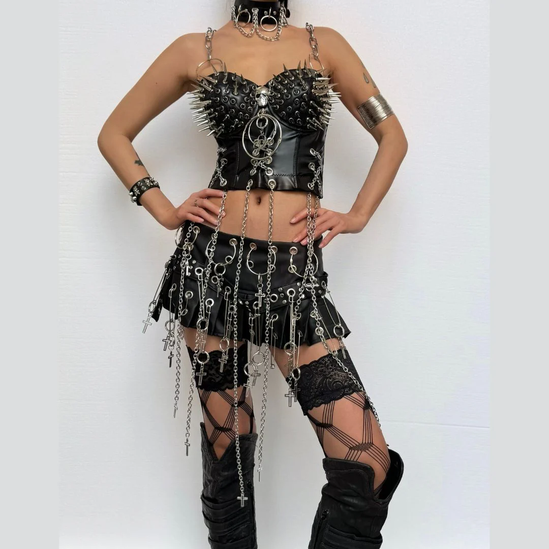 Skull o ring rivet PU leather metal chain cami top - Image 2
