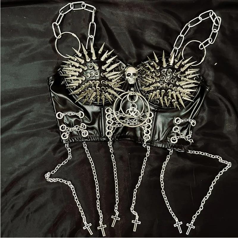 Skull o ring rivet PU leather metal chain cami top - Image 5