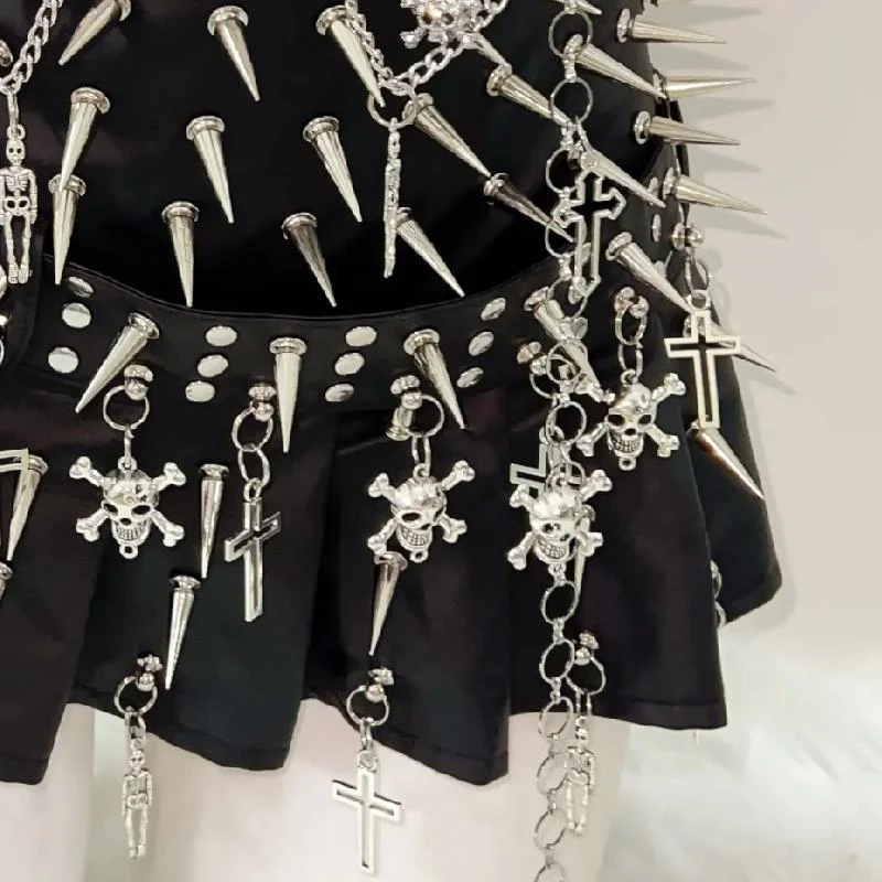 Skull rivet applique PU leather pleated top - Image 6