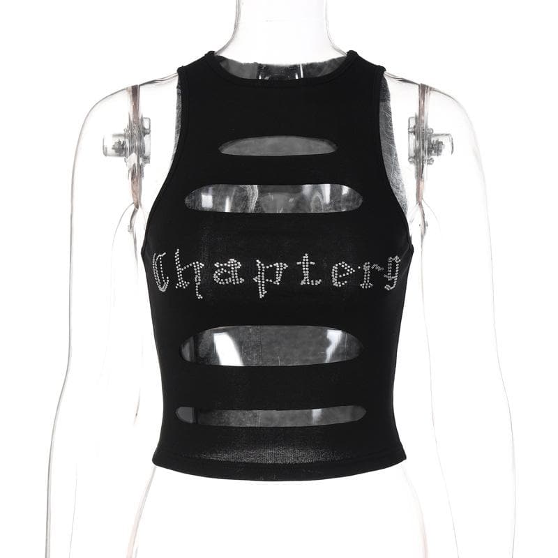 Sleeveless crewneck hollow out beaded contrast crop top y2k 90s Revival Techno Fashion - Image 2