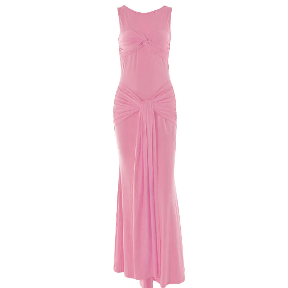 Sleeveless crewneck ruched knotted solid maxi dress - Image 2