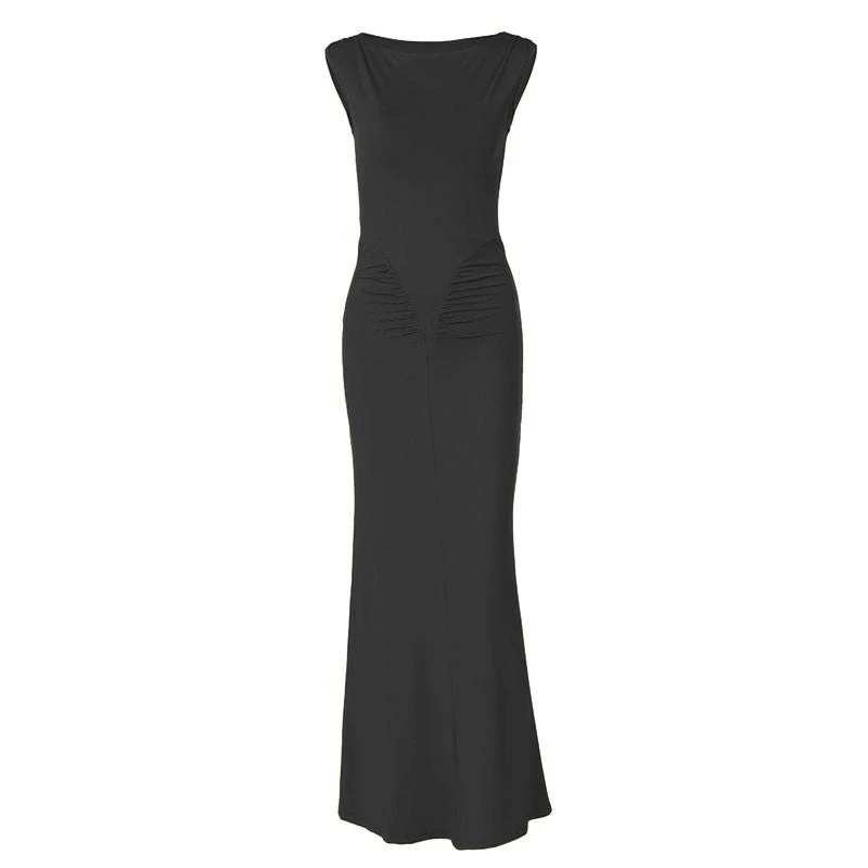 Sleeveless crewneck ruched solid maxi dress - Image 3