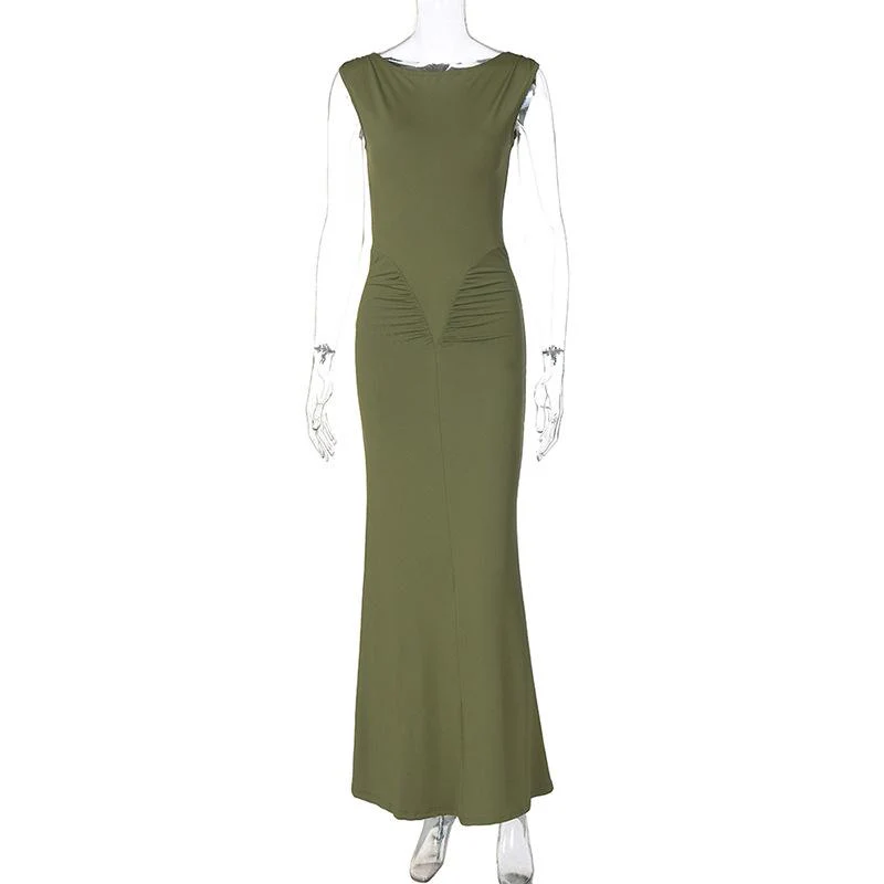 Sleeveless crewneck ruched solid maxi dress - Image 4
