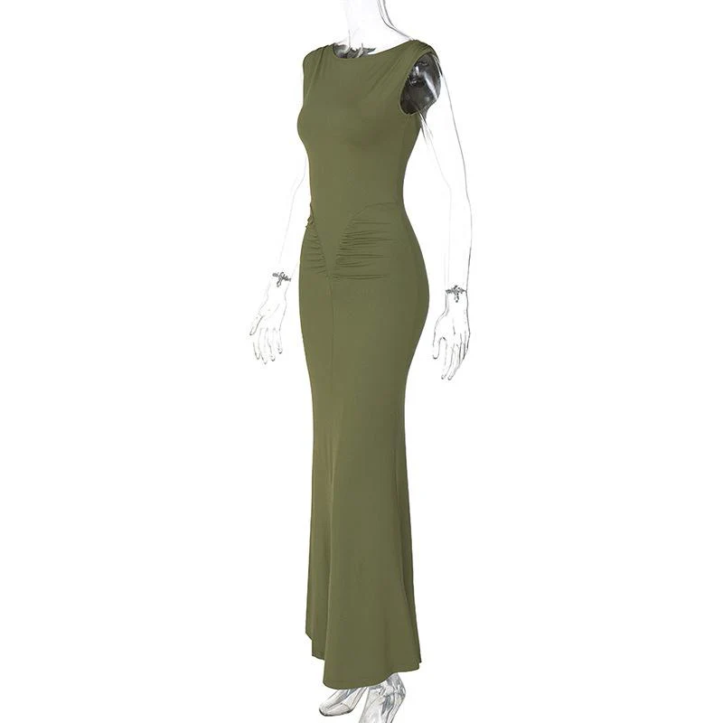 Sleeveless crewneck ruched solid maxi dress - Image 5