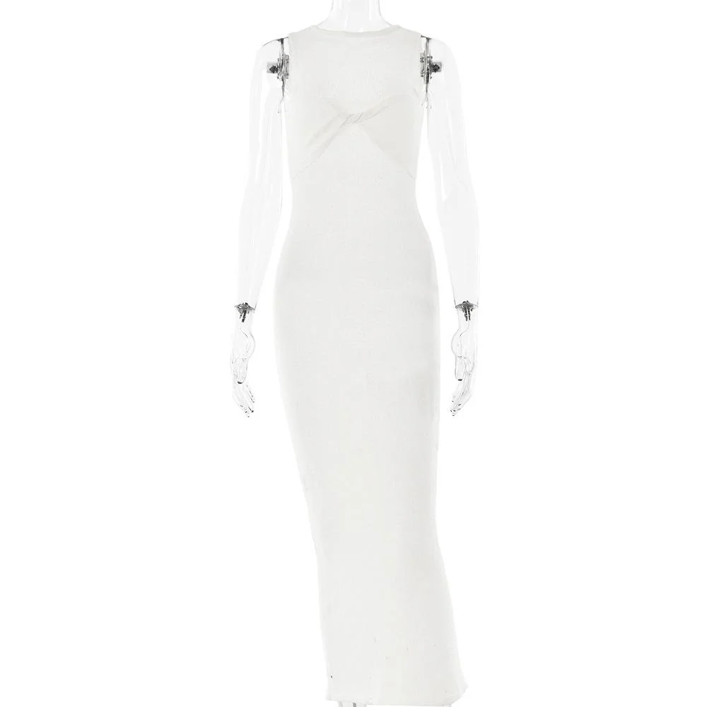 Sleeveless crewneck solid backless maxi dress - Image 3
