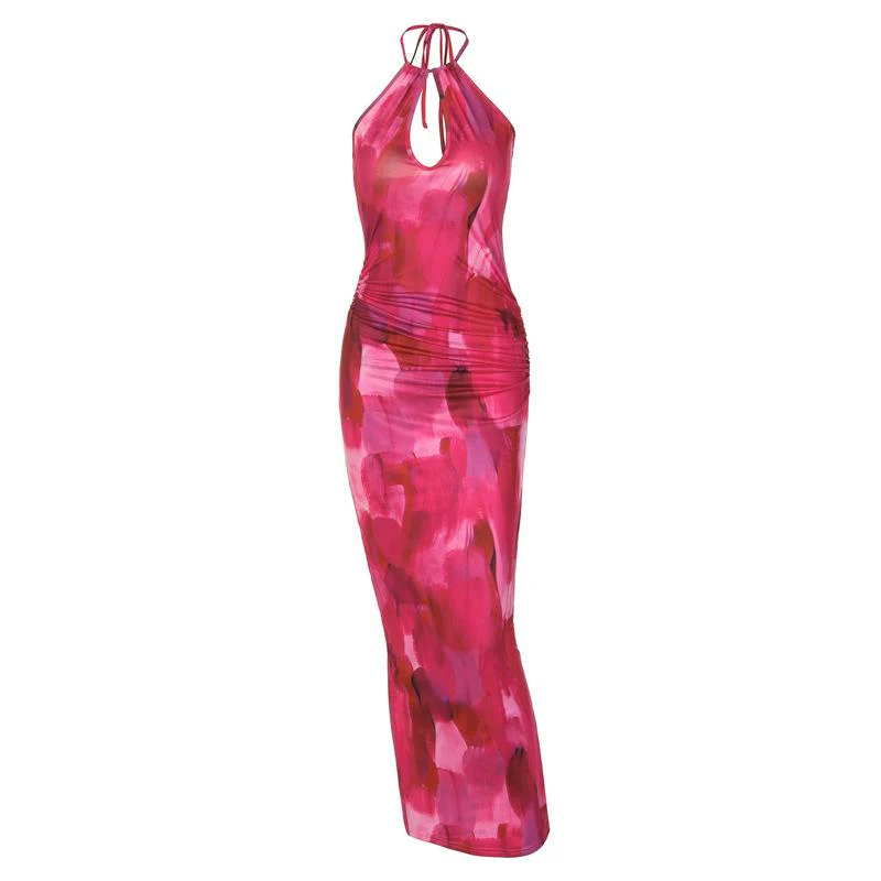 Sleeveless halter hollow out ruched contrast print slit midi dress