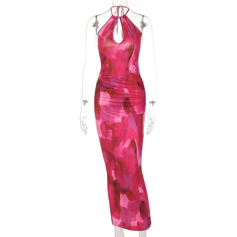 Sleeveless halter hollow out ruched contrast print slit midi dress - Image 2