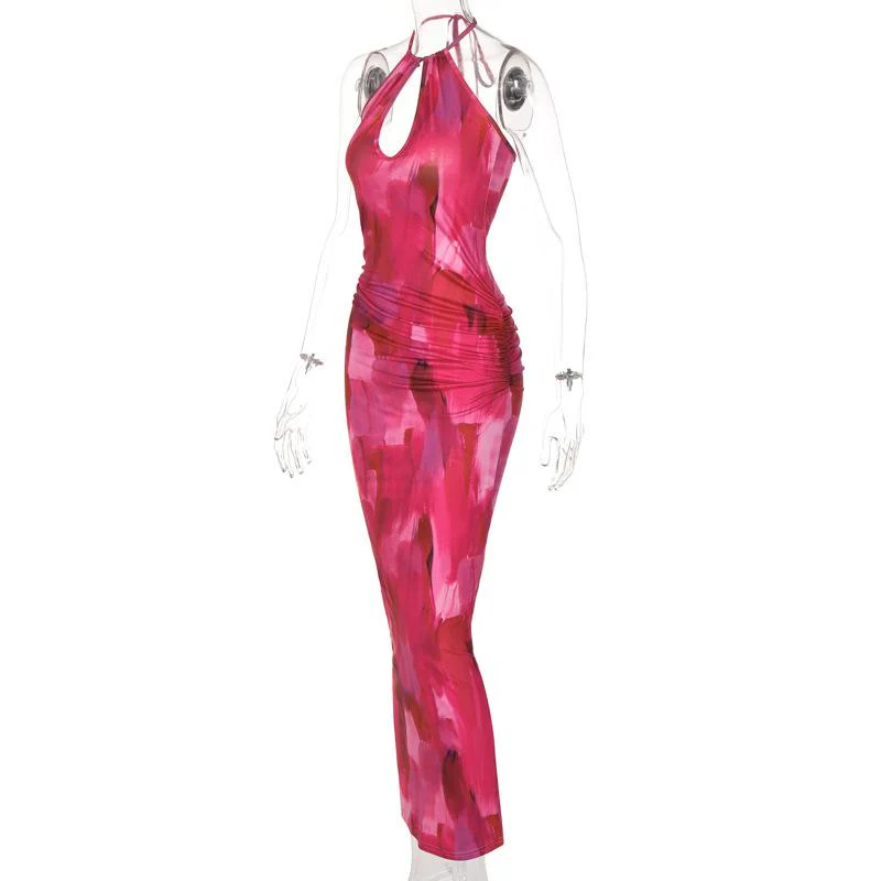 Sleeveless halter hollow out ruched contrast print slit midi dress - Image 3