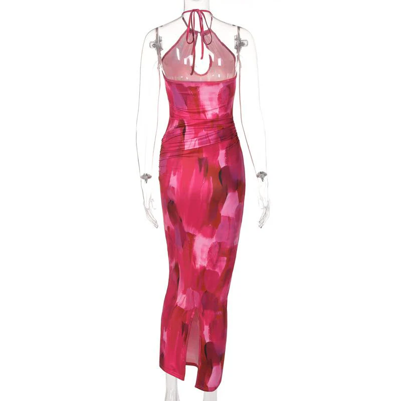 Sleeveless halter hollow out ruched contrast print slit midi dress - Image 4