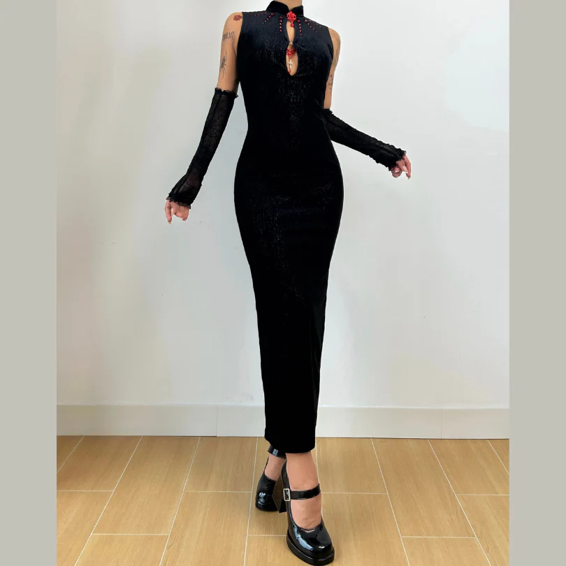 Sleeveless hollow out beaded maxi dress