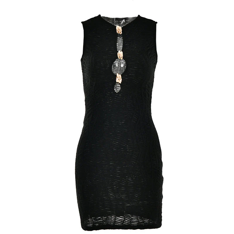 Sleeveless metal applique hollow out mini dress