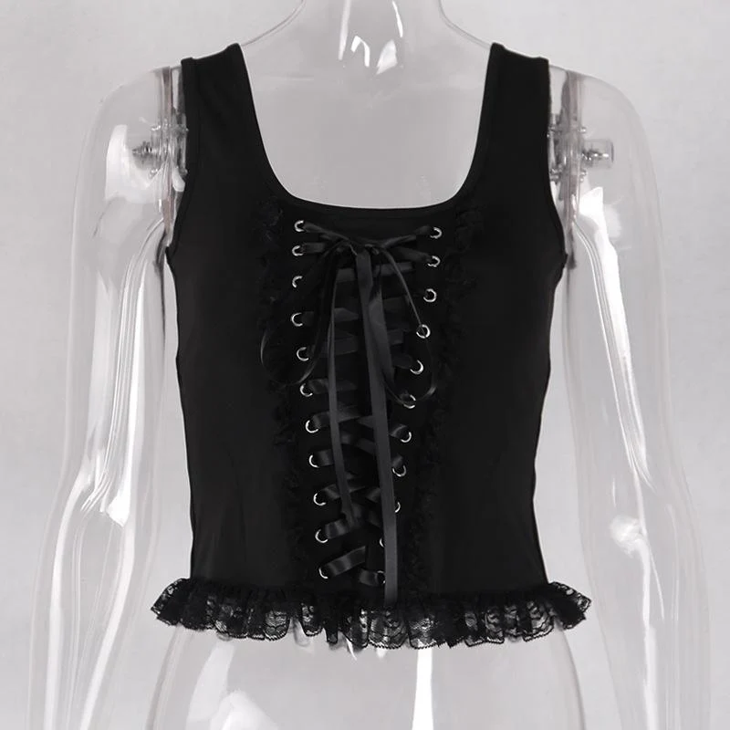 Sleeveless solid lace up zip-up lace hem self tie crop top goth Alternative Darkwave Fashion goth Emo Darkwave Fashion - Image 4