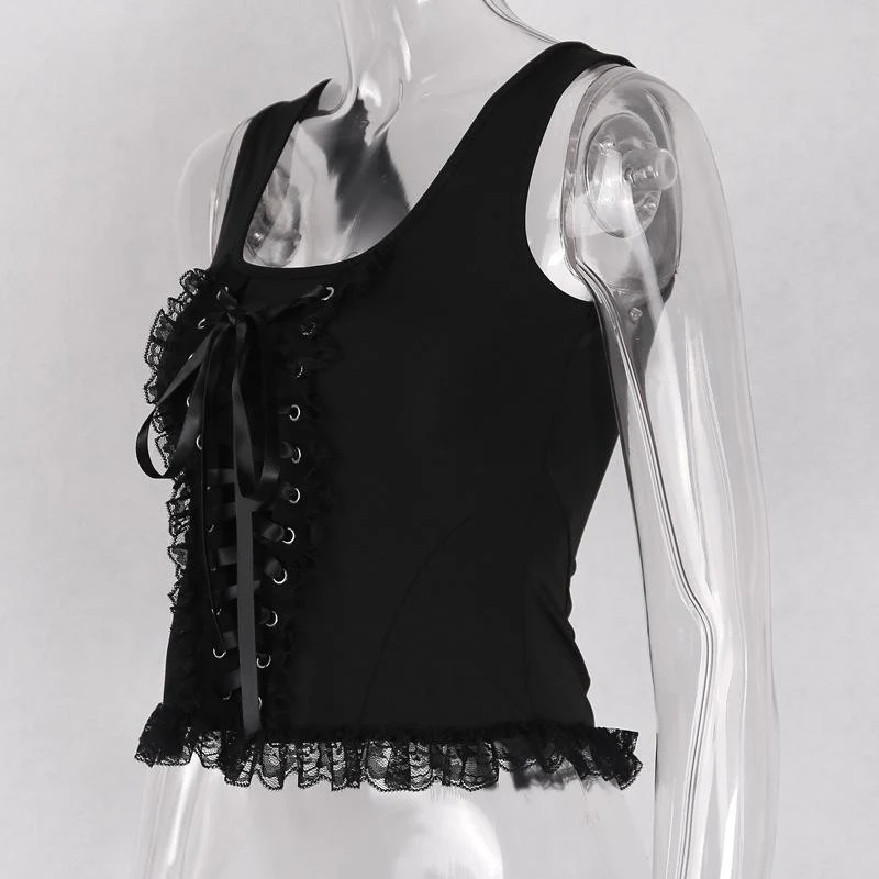 Sleeveless solid lace up zip-up lace hem self tie crop top goth Alternative Darkwave Fashion goth Emo Darkwave Fashion - Image 5