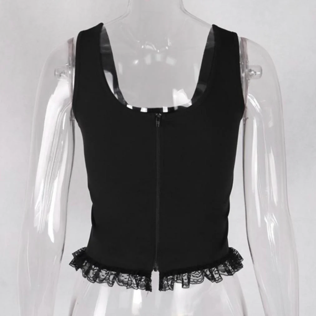 Sleeveless solid lace up zip-up lace hem self tie crop top goth Alternative Darkwave Fashion goth Emo Darkwave Fashion - Image 6