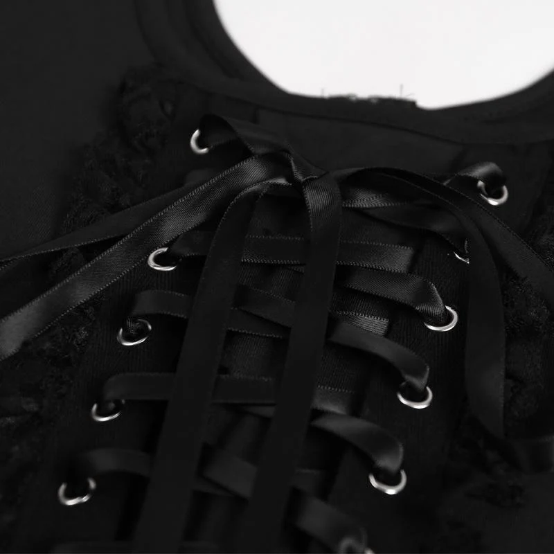 Sleeveless solid lace up zip-up lace hem self tie crop top goth Alternative Darkwave Fashion goth Emo Darkwave Fashion - Image 7