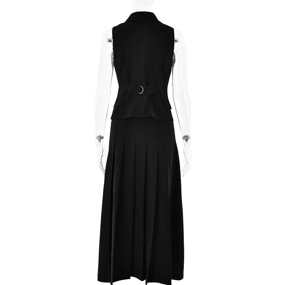 Sleeveless turnover collar button pleated maxi skirt set - Image 6