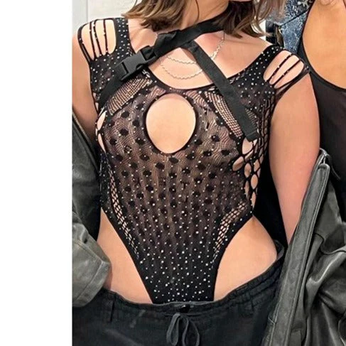 Sleeveless u neck hollow out beaded bodysuit - Image 3