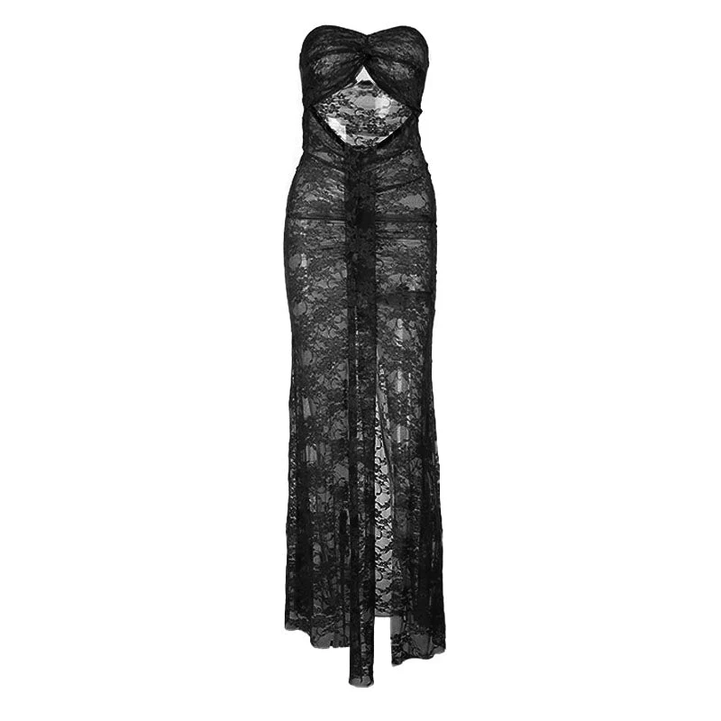 Slit hollow out lace ruched tube maxi dress - Image 2