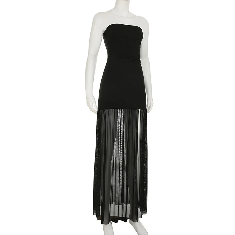 Slit mesh ruched backless tube maxi dress - Image 3