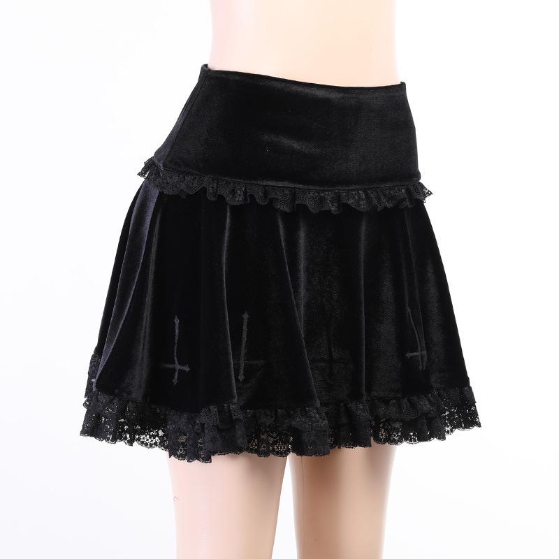 Solid A line lace hem spider web pattern mini skirt y2k 90s Revival Techno Fashion - Image 3