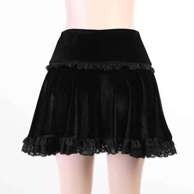 Solid A line lace hem spider web pattern mini skirt y2k 90s Revival Techno Fashion - Image 4