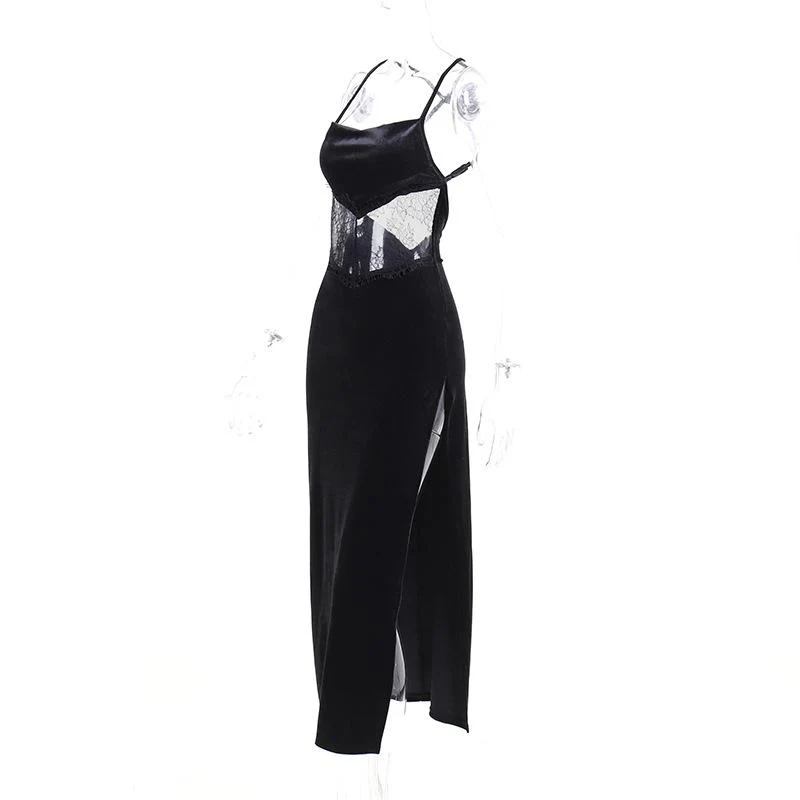 Cowl neck lace hem slit backless velvet cross back midi dress goth Alternative Darkwave Fashion victorian goth fashion goth Emo Darkwave Fashion - Image 3