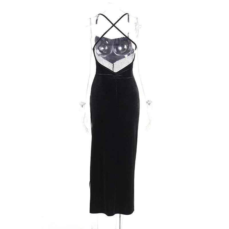 Cowl neck lace hem slit backless velvet cross back midi dress goth Alternative Darkwave Fashion victorian goth fashion goth Emo Darkwave Fashion - Image 4